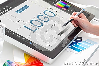 Graphic designer at work. Color samples. Stock Photo