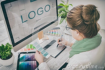 Graphic designer at work. Color samples. Stock Photo