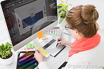 Graphic designer at work. Color samples. Stock Photo