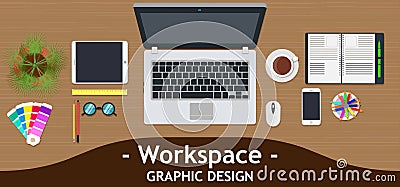 Graphic designer workspace office. Creative desk work vector. Business design art table studio concept top view. Flat color backgr Vector Illustration