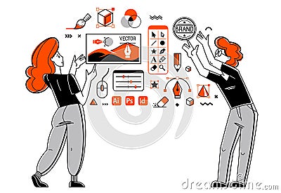 Graphic designers team doing some creative job using computer software, digital visual artist working on a project vector outline Vector Illustration