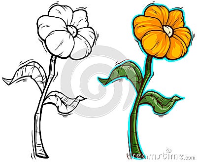 Graphic detailed cartoon orange flower with stem Vector Illustration