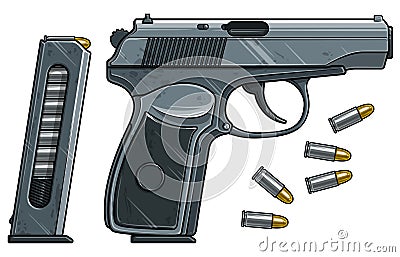 Graphic detailed handgun pistol with ammo clip Vector Illustration