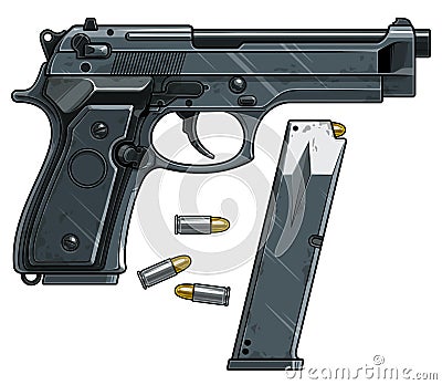 Graphic detailed handgun pistol with ammo clip Vector Illustration