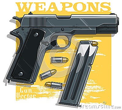 Graphic detailed handgun pistol with ammo clip Vector Illustration