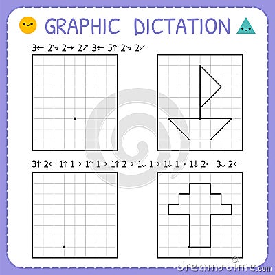 Graphic dictation. Kindergarten educational game for kids. Working pages for children. Preschool worksheets for practicing motor Vector Illustration