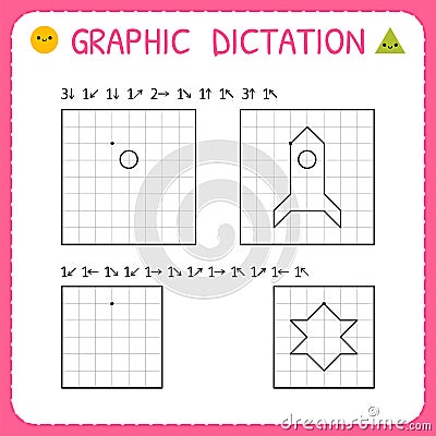 Graphic dictation. Working pages for children. Kindergarten educational game for kids. Preschool worksheet for practicing motor Vector Illustration