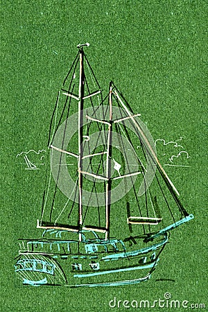 Graphic drawing yacht sailboat on a green background Cartoon Illustration