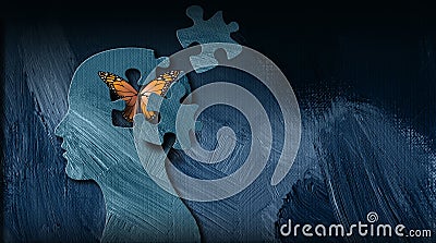 Graphic dreaming butterfly thought escapes puzzle piece opening in mind Stock Photo