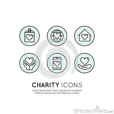 Graphic Elements for Nonprofit Organizations and Donation Centre. Fundraising Symbols, Crowdfunding Project Label Vector Illustration