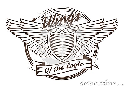 Emblem composed of wings, shield and ribbon Vector Illustration