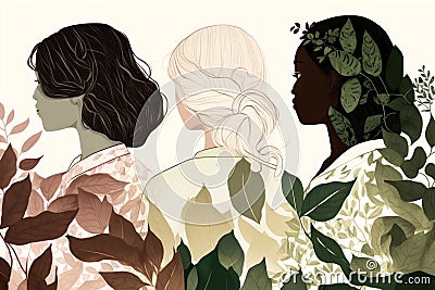 Graphic female portrait of three attractive women of mixed races Cartoon Illustration