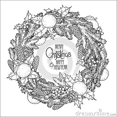 Graphic fir wreath with mandarins Vector Illustration