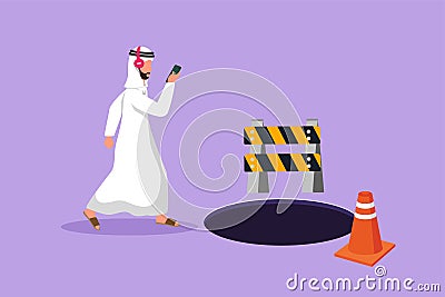 Graphic flat design drawing Arab businessman listen music with headphone and walking on street, watching smartphone, did not see Cartoon Illustration