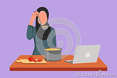 Graphic flat design drawing Arab housewife mixing tomato sauce, tasting, relish meal with wooden spatula. Prepare food at kitchen Cartoon Illustration