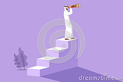 Graphic flat design drawing Arabian businessman standing on stairs with binoculars. Vision concept in business. Symbol of Cartoon Illustration