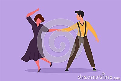 Graphic flat design drawing attractive male and female professional dancer couple dancing tango, waltz dances together on dancing Cartoon Illustration