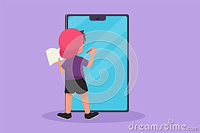Graphic flat design drawing back view of pre schooler boy student writing on giant smartphone screen like he was writing on Cartoon Illustration