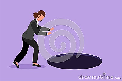 Graphic flat design drawing businesswoman looking at black hole. Manager wondering and looking at big hole, business concept in Cartoon Illustration