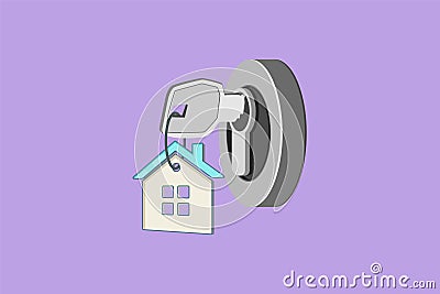 Graphic flat design drawing of close up key on door, personal loan concept. Keys in door lock logo, symbol. Mortgage, credit or Cartoon Illustration