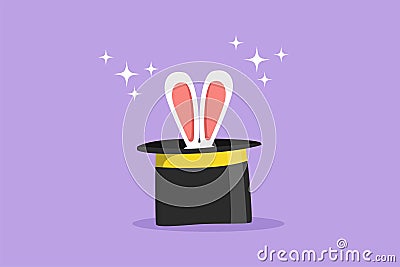Cute bunny ears appear on the magician black hat. Animal magic show. Circus show. Cartoon vector illustration Cartoon Illustration