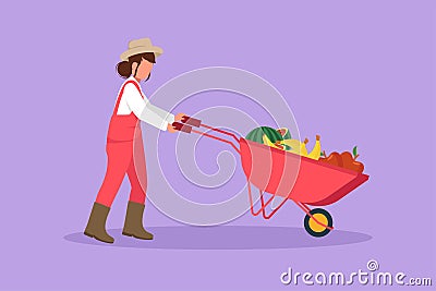 Graphic flat design drawing farmer pushing wheelbarrow with fruits harvest. Farm worker going with garden cart with organic local Vector Illustration