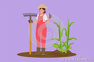 Graphic flat design drawing female farmer standing with thumbs up gesture, wearing straw hat and carrying rake to plant crops on Cartoon Illustration