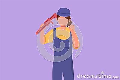 Graphic flat design drawing female plumber holds wrench and wearing helmet with celebrate gesture, ready to work on repairing Cartoon Illustration