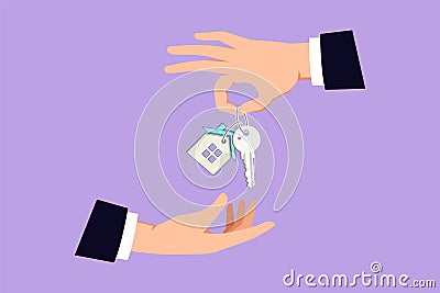 Graphic flat design drawing hand giving house keys to customer. Businessman in suit giving house key logo, icon, symbol. Mortgage Vector Illustration