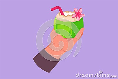 Graphic flat design drawing hand holding green coconuts with drinking straw and flower. Relieves thirst and dehydration in hot Cartoon Illustration