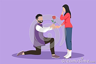 Graphic flat design drawing handsome man on knee gives flowers to beauty woman. Guy giving to girl rose flower for propose her. Cartoon Illustration