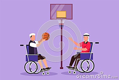 Graphic flat design drawing joyful disabled Arabian man in wheelchair playing basketball at basketball court. Responsibility and Vector Illustration