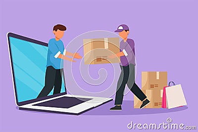 Graphic flat design drawing male customer receives boxed package, through laptop computer screen from male courier. Online Cartoon Illustration