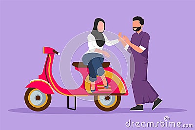 Graphic flat design drawing riders couple trip travel. Romantic honeymoon moments sitting and talking on motorcycle. Arabian man Cartoon Illustration