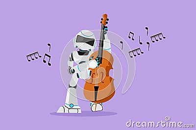 Graphic flat design drawing robot musician playing double bass or contrabassist with finger. Humanoid robot cybernetic organism. Cartoon Illustration