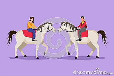 Graphic flat design drawing romantic couple in love riding horse together at meadow. Young man and woman meet for dating with ride Cartoon Illustration