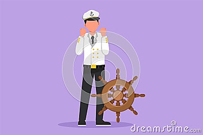 Graphic flat design drawing sailor man standing with celebrate gesture to be part of cruise ship, carrying passengers traveling Cartoon Illustration