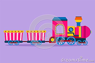 Graphic flat design drawing train locomotive with two carriages in form of a roving steam system in amusement park to transport Cartoon Illustration