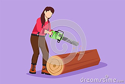 Graphic flat design drawing of wood industry worker with chainsaw working. Woman logger sawing log in forest. Girl lumberjack cut Vector Illustration