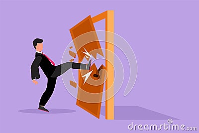 Graphic flat design drawing of young businessman kicks the door until door shattered. Man kicking locked door and destroy. Cartoon Illustration