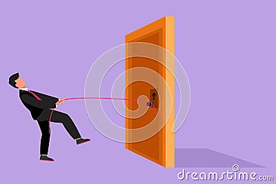 Graphic flat design drawing young businessman pulling door with rope, metaphor to facing big problem. Business struggles in market Cartoon Illustration