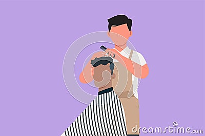 Graphic flat design drawing of young handsome barber making haircut of attractive bearded man in barbershop. Hairdo looks trendy Cartoon Illustration