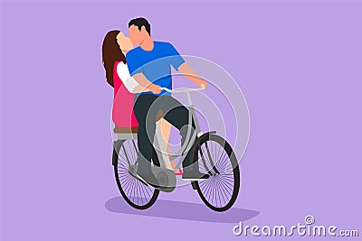 Graphic flat design drawing young loving couple cycling and kissing each other. Romantic human relation, love story, newlywed Cartoon Illustration