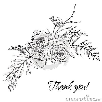 Graphic floral illustration - black & white inked flowers bouquet arrangement Cartoon Illustration
