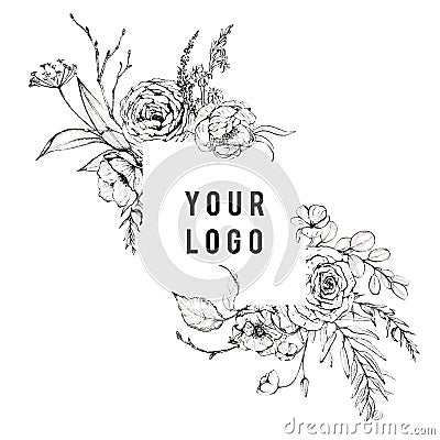 Graphic floral illustration - black & white inked flowers frame / wreath Cartoon Illustration