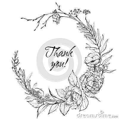 Graphic floral illustration - black & white inked flowers wreath Cartoon Illustration