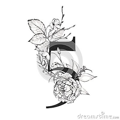 Graphic Floral Numbers - digit 5 with black and white inked flowers bouquet composition Stock Photo