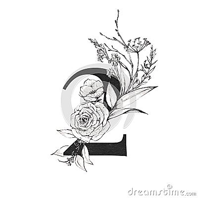 Graphic Floral Numbers - digit 2 with black and white inked flowers bouquet composition Stock Photo