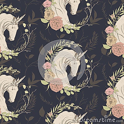 Graphic floral seamless pattern - unicorn with flower wreaths illustration on dark background Cartoon Illustration