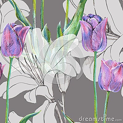 Graphic flowers blue tulip with lily on a gray background. Floral seamless pattern. Stock Photo